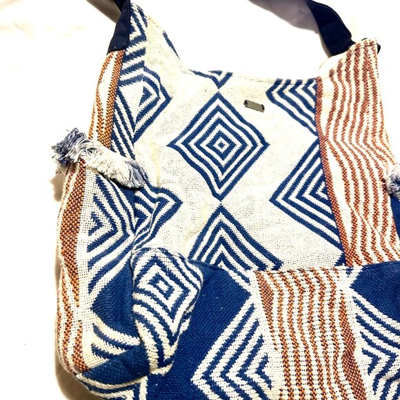 Roxy Boho Shoulder Bag Geometric Woven Hobo Tote Blue Tan Slouchy Canvas-AC133 - Picture 6 of 8